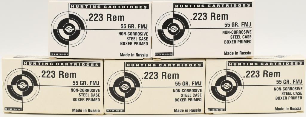 100 Rounds Of .223 Rem Hunting Ammunition: 100 Rounds Of .223 Rem Hunting Ammunition, 55 Grain Full Metal Jacket Non Corrosive Primers, Steel Case, Boxer Primed, Made In Russia