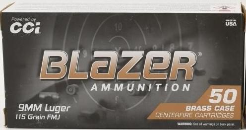50 Rounds of CCI Blazer 9mm Luger Ammunition: 50 Rounds of CCI Blazer 9mm Luger Ammunition FMJ 115 Grains This Blazer Brass 9mm Luger ammunition features a full metal jacket projectile for improved accuracy and reliability in a variety of firearm