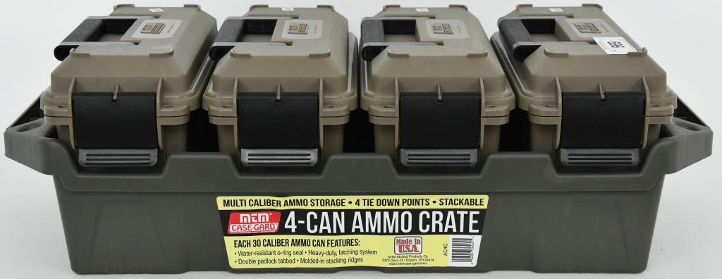 MTM 4-Can Ammo Crate Combo with 4 Ammo Cans: Up Next We Have a MTM 4-Can Ammo Crate Combo with 30 Caliber Cans, Polymer in Dark Earth. The MTM 4-Can Ammo Crate is a rugged tactical carrying crate for multi-caliber storage and transport. The MTM 