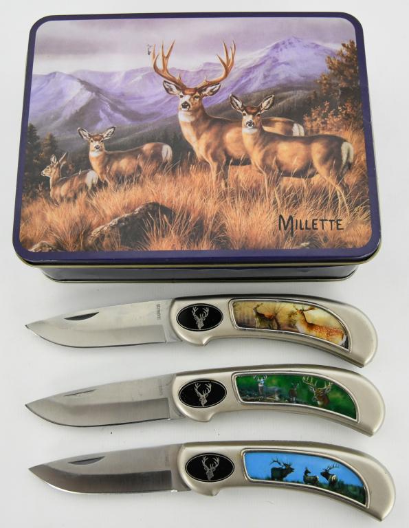Millette 3 Knife Cased Wildlife Set: Up Next We Have a Millette 3 Knife Cased Wildlife Set, Folding Knives.