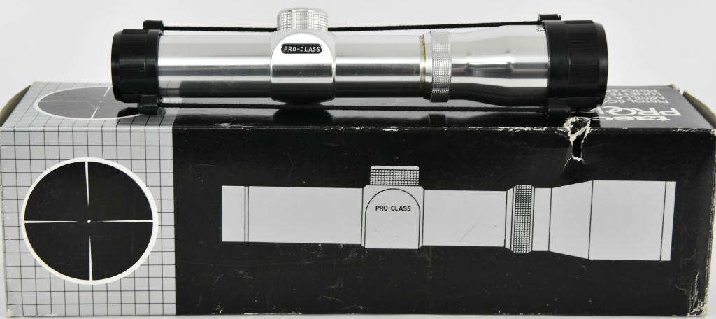 Tasco Pro Class Pistol Scope2x22mm: Lot contains Tasco Pro Class Pistol Scope 2x22mm comes with lens covers and the original box, the scope has a 30mm tube, comes with lens covers, measures approx 8.75" in length
