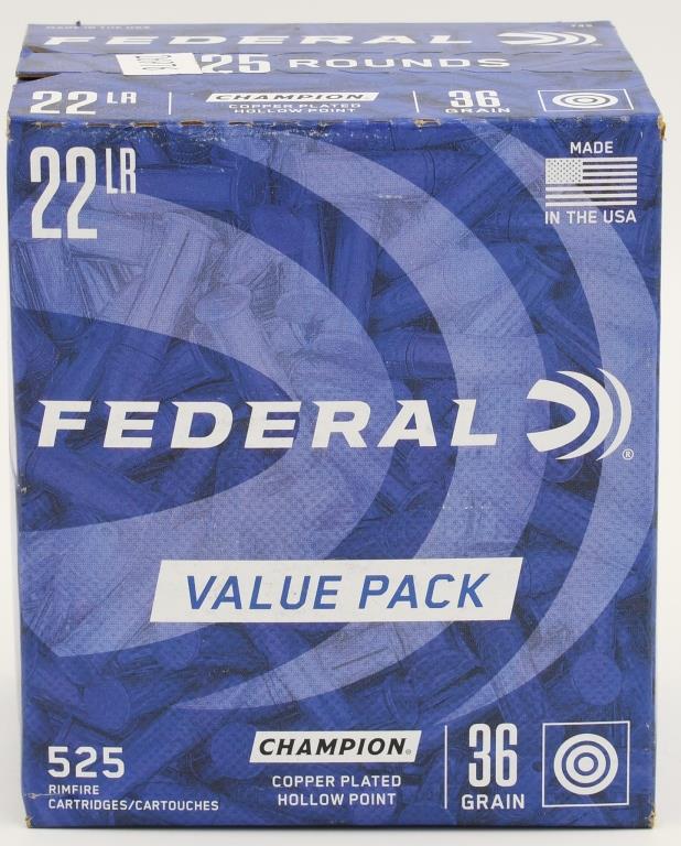 525 Rounds Of Federal Champion .22 LR Ammunition: 525 Rounds Of Federal Champion .22 LR Ammunition 36 Grain Plated Lead Hollow Point Federal Champion Ammunition is a great multi purpose rimfire load for target, field or just plinking in back yard. De
