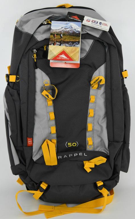 High Sierra Rappel 50 Classic Series 2 Outdoor: Gear; Gray/Silver/Yellow -new with tags- Roomy panel load compartment Integrated Tech spot table computer sleeve, Protective storm flaps cover zippers, No matter what form your adventure takes; High S