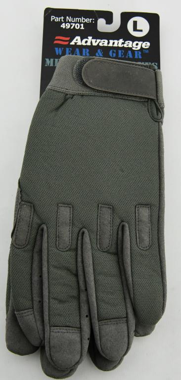 Advantage Wear & Gear Mechanic Gloves NEW: size Large #49701, all purpose gloves, good grip and finger dexterity for working with tools and small parts, elastic wristband with hook and loop closure for easy adjustment, breathing holes between 