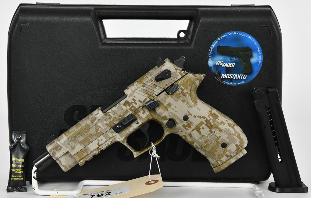 Sig Sauer Mosquito .22 LR Semi Auto Pistol Limited: Limited Edition (1 of 1000) Sig Sauer Mosquito Digital Desert Camo 22 LR pistol in Excellent pre-owned condition. Comes in The Factory Hardcase With Two Magazines, More From The Internet Below: SIGARM