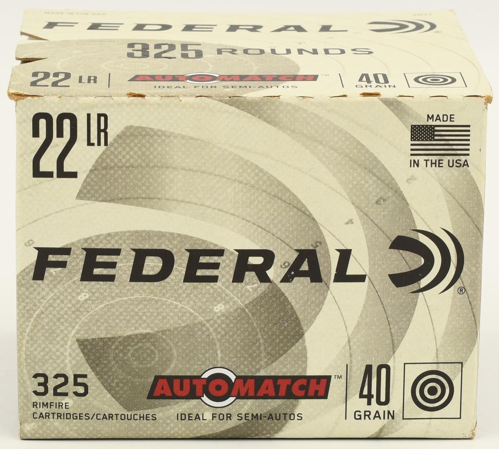 325 Rounds Federal Auto Match .22 LR Ammunition: 325 Rounds Federal Auto Match .22 LR Ammunition 325 Rounds 40 Grain Lead Round Nose 1200fps Federal AutoMatch Target is a rimfire ammunition line specifically designed for use in conjunction with semi