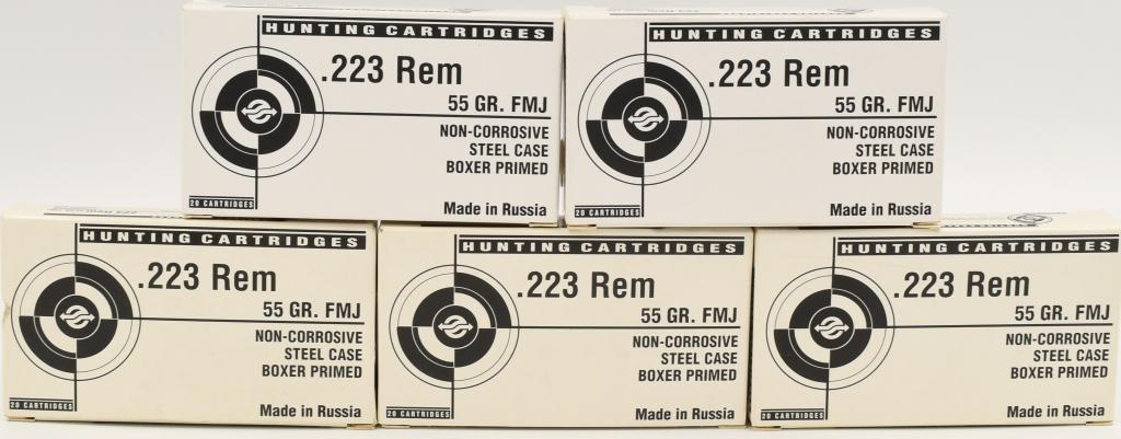 100 Rounds Of .223 Rem Hunting Ammunition: 100 Rounds Of .223 Rem Hunting Ammunition , 55 Grain Full Metal Jacket Non Corrosive Primers, Steel Case, Boxer Primed, Made In Russia