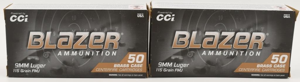 100 Rounds of CCI Blazer 9mm Luger Ammunition: 100 Rounds of CCI Blazer 9mm Luger Ammunition FMJ 115 Grains This Blazer Brass 9mm Luger ammunition features a full metal jacket projectile for improved accuracy and reliability in a variety of firear