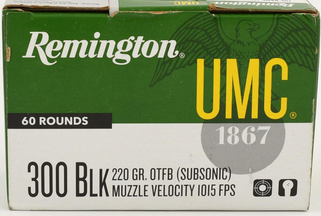 60 Rounds Of Remington Subsonic .300 BLK Ammo: 60 Rounds Of Remington Subsonic .300 BLK Ammo, Remington UMC Ammunition 300 AAC Blackout Subsonic 220 Grain Open Tip Flat Base Box of 60 Designed from the ground-up to provide quiet, reliable performa