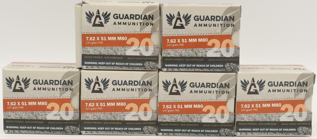 120 Rounds Of Guardian 7.62x51mm M80 (.308): 120 Rounds Of Guardian 7.62x51mm M80 (.308) Ammunition , 147 Grain Full Metal Jacket Boxer Primed , Non Corrosive, Brass Cased Cartridges, NATO Ammunition,
