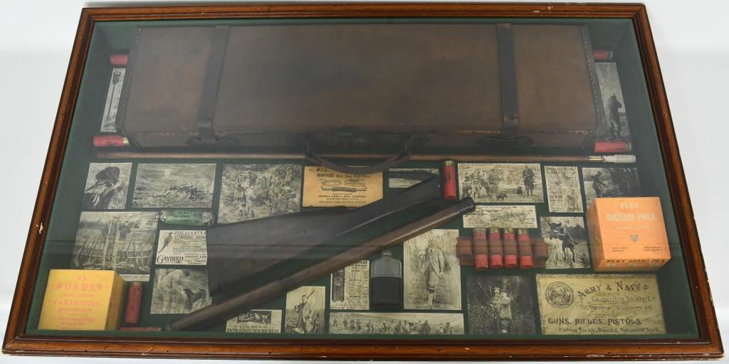 Guns Rifles & Pistols Hunting Shadow Box 42x25x4": Super cool very large Shadow box displaying "Old Times" Hunting fun! all kinds of super cool collectible goodies in this shadow box, Great for mancave! Wood frame