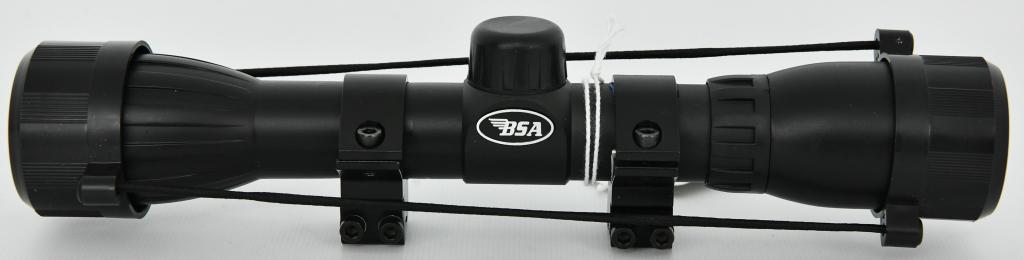 BSA .22 Special 4x32 Riflescope w/ rings & cover: Lot contains a BSA .22 Special 4x32 Scope with great optics, clear and crisp, comes equipped with a set of mounted rings and lens cover, this scope measures approx 9.5" in length and comes as matte bl