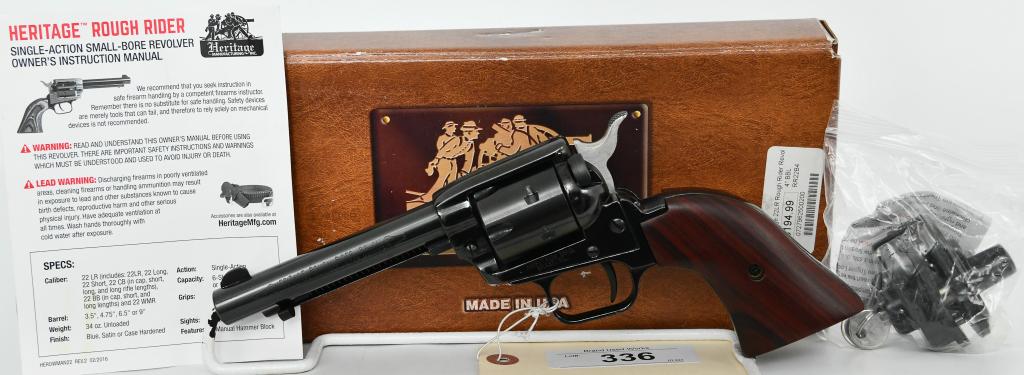 Heritage Arms Rough Rider Revolver 4 3/4" .22LR: Up for auction is a Like New Heritage Arms Rough Rider with a 4 3/4" Barrel, and chambered in .22LR, 6 Rounds Chamber, Coco bolo Grips, Blue Finish, Comes in The Factory Box With Lock & Paperwork. Spe