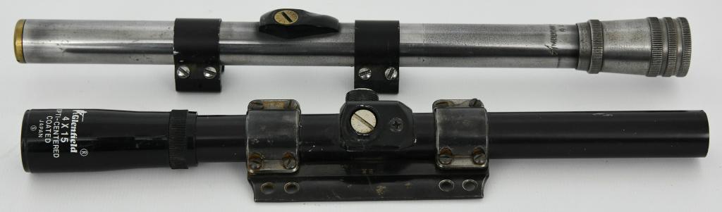 Vintage American Eagle Scope & Glenfield scope: lot contains 2 vintage Riflescopes both equipped with rings. American Eagle 4X Rilfescope which measures approx 11" in length and a Glenfield 4x15 Opti Centered Coated Scope JAPAN which measures appro