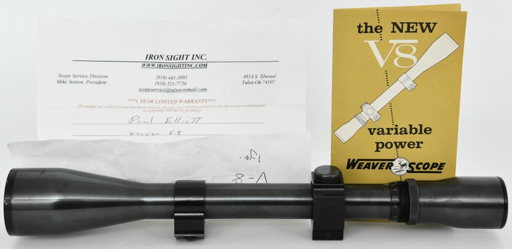 Vintage Weaver V8 Riflescope Variable power 2.5X8x: Lot contains a real nice Vintage Weaver V8 Multi Range Reticule Riflescope equipped with attached weaver rings, V8 Variable power Hunting scope 2.5 X8x.....per the consignor this scope has been Refurb
