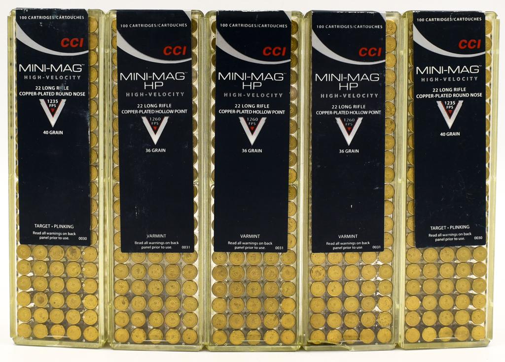 500 Rounds Of CCI Mini-Mag .22 LR Ammunition: 500 Rounds Of CCI Mini-Mag .22 LR Ammunition, 200 Rounds are High Velocity Copper Plated Round Nose 40 Grain & 300 Rounds Are Hollow Point High Velocity Copper Plated 36 Grain Ammo