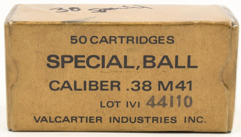 Collectors Box Of 30 Rds .38 Caliber M41 Ammo: Collectors Box Of 30 Rds .38 Caliber M41 Ammo, Made By Valcartier Industries INC, 30 Original Rounds, Box Appears In Excellent Condition & Comes Cellophane Wrapped "Note There Is No Writing On The Box