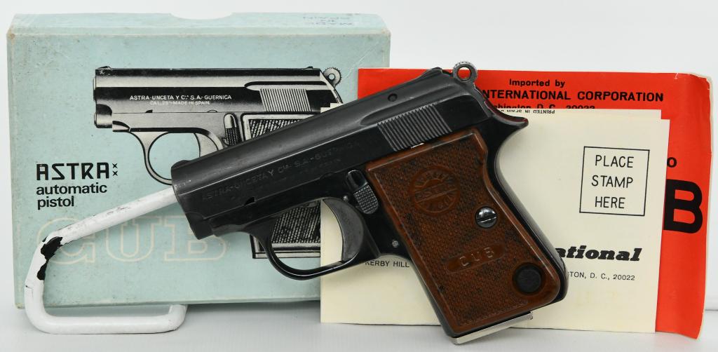 Astra Cub Pocket Pistol .22 Short Semi Auto: Up Next is a Astra Cub Pocket Pistol Chambered in .22 Short. These are a copy of a Colt Vest Pocket Pistol, and this one comes with plastic grips, One Magazine, in Excellent condition, and Comes in Th