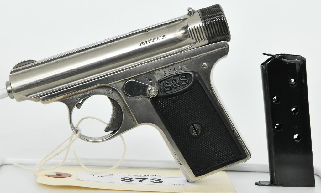 Scarce J.P. Sauer & Sohn Model 1913 Semi Auto 6.35: Up Next We Have a Scarce J.P. Sauer & Sohn Model 1913 Semi Auto Pistol Chambered in 6.35Cal. (.25 ACP). In Nickel Finish, Serial # 33498. Frame marked on right side with crown over "N". Slide marked o