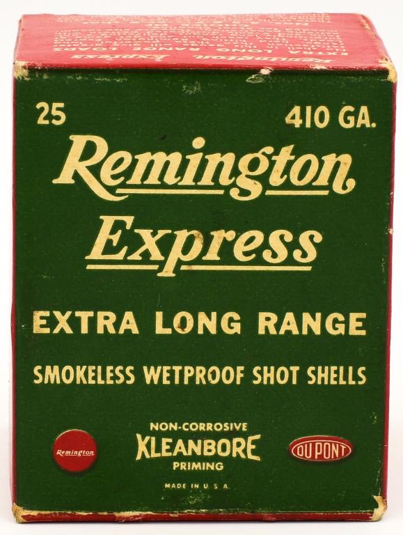 Collectors Box Of 22 Rounds Remington .410 Ga: Collectors Box Of 22 Rounds Remington .410 Ga Shotshells, Remington Express Extra Long Range Smokeless Wetproof Shotshells, Non Corrosive Kleanbore Priming , Made In USA Box Appears In Excellent Condi