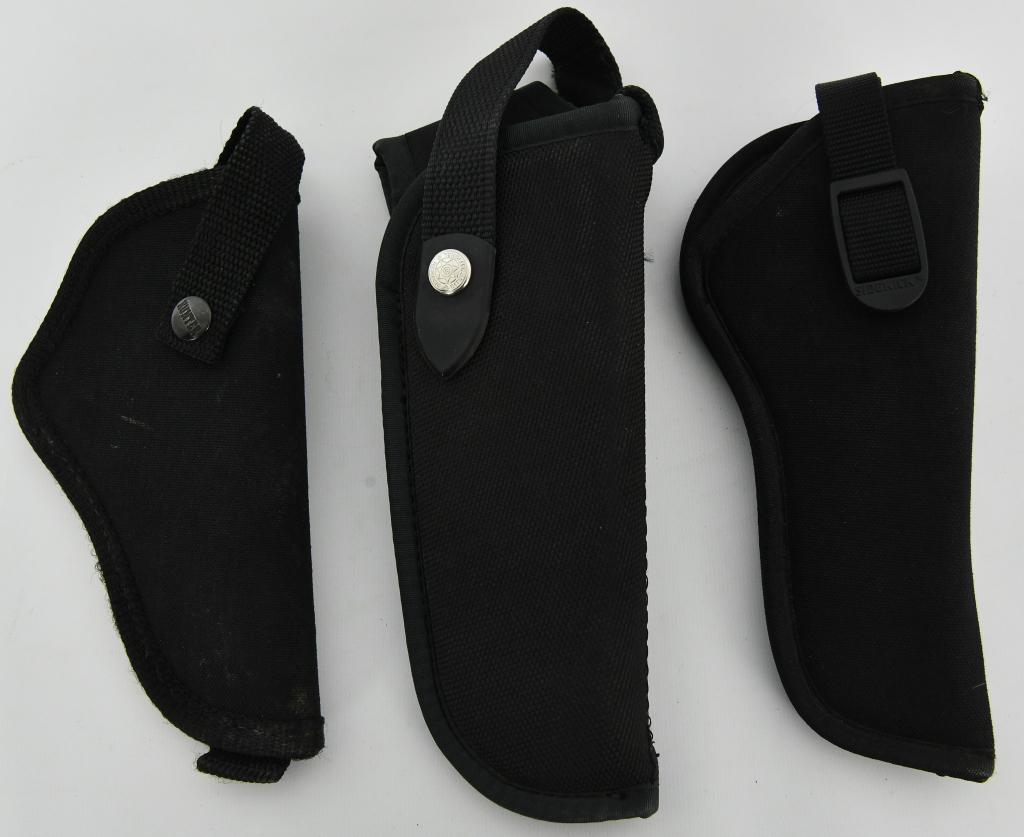 Three RH Rugged Cordura Holsters Various: we have Bianchi Ranger Series holster with logo stamped snaps 2.5" belt loop the approx length is 9" in real nice pre owned condition, there is a Sidekick sz 3 holster in super condition, a Hunter #12