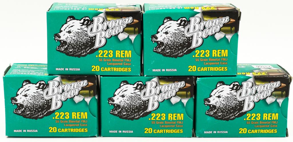 100 Rounds Of Brown Bear .223 Rem Ammunition: 100 Rounds Of Brown Bear .223 Rem Ammunition, 55 Grain Full Metal Jacket, Lacquered Case Made In Russia Ammo