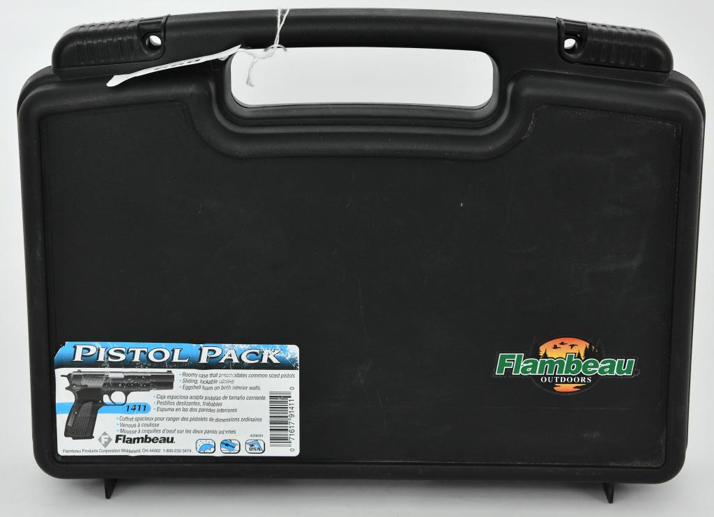 Flambeau Pistol Packer Gun Case: The Safe Shot Pistol Pack Case is proudly made in the U.S.A. and meets TSA and airline safe requirements. It features sliding latches, convoluted foam, and an integrated handle. This model has a black