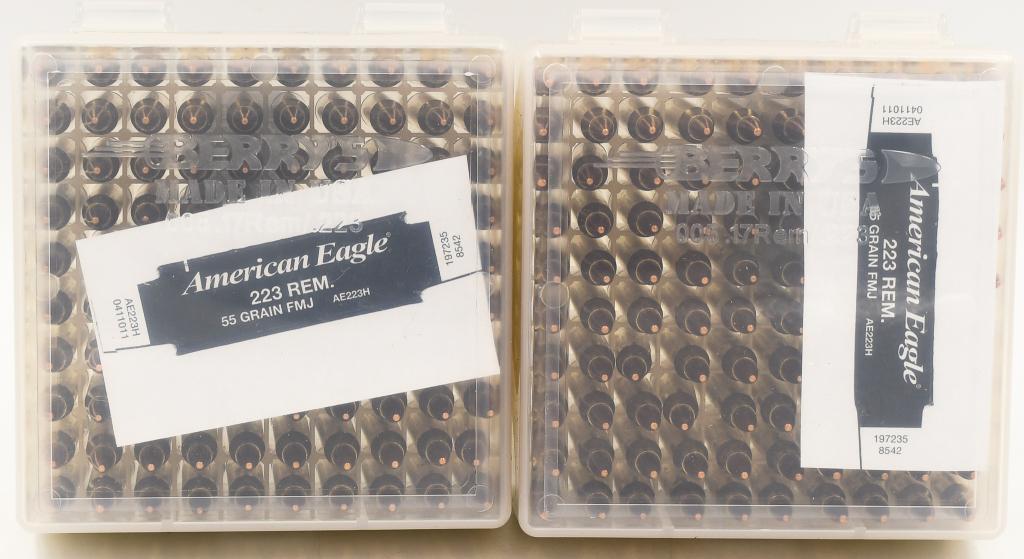 200 Rounds American Eagle .223 Rem Ammunition: 200 Rounds American Eagle .223 Rem Ammunition, 55 Grain Full Metal Jacket , Brass Cased Ammo, Also Comes With 2 Plastic Ammunition Storage Containers