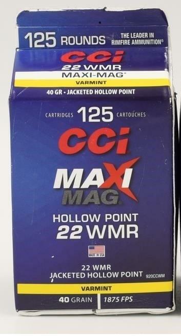 125 Rounds Of CCI Maxi-Mag .22 WMR Ammunition: 125 Rounds Of CCI Maxi-Mag .22 WMR Ammunition , Used For Ground Squirrels , 40 Grain Jacketed Hollow Points, Varmint Grade Ammo
