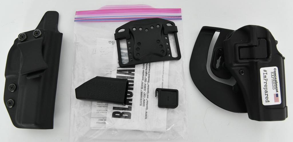 Blackhawk CQC Kydex Style Holster RH with one LH H: lot contains one like new Blackhawk CQC Close quarters concealment Holster with adjustable features, Right Hand, Black , shows for a Glock 20/21 or a Smith and Wesson #2100057, there is another holste