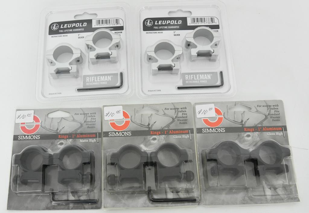Lot of 5 New 1" Scope Rings - 2 are Leupold: Up Next We Have a Lot of 5 New 1" Scope Rings - 2 are Leupold Medium 57385 in Silver, 3 are Simmons Gloss & Matte High.