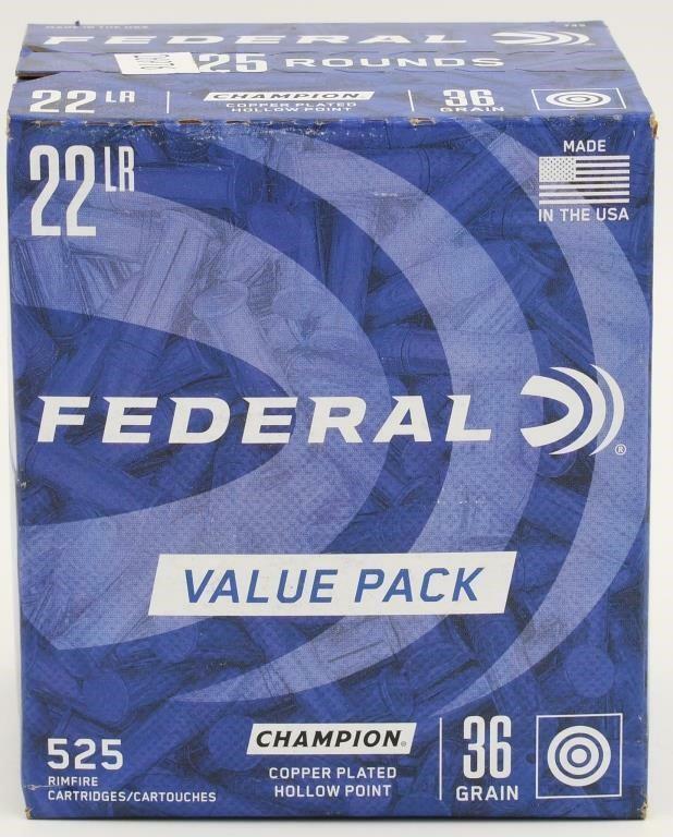 525 Rounds Of Federal Champion .22 LR Ammunition: 525 Rounds Of Federal Champion .22 LR Ammunition 36 Grain Plated Lead Hollow Point Federal Champion Ammunition is a great multi purpose rimfire load for target, field or just plinking in back yard. De
