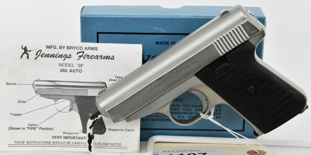 Bryco Jennings Model 38 Semi Auto Pistol .380: Up Next We Have a Bryco Jennings Model 38 Semi Auto Pistol Chambered in .380 ACP, Comes with 1 Magazine, In Excellent Pre-owned Condition, and Comes in The Factory Box With Paperwork.