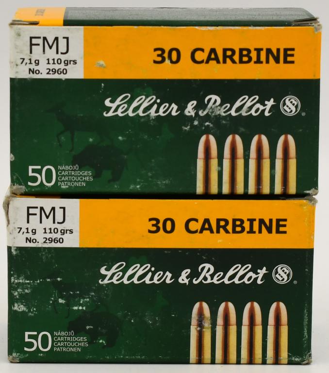 100 Rounds Of Sellier & Bellot .30 Carbine Ammo: 100 Rounds Of Sellier & Bellot .30 Carbine Ammo, Full Metal Jacket, 110 Grain , Brass Cased, Rounds Nose Ammunition