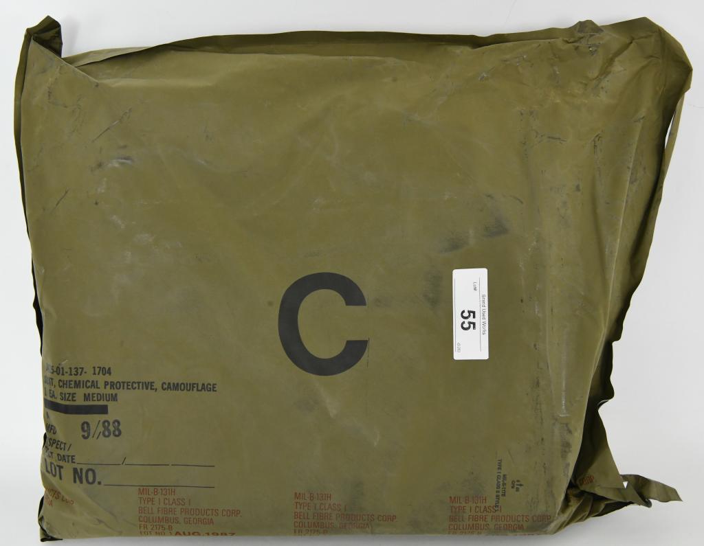 NEW in Sealed Bag US Military Chemical Protective: Brand New in Sealed bag is a US Military Chemical Protective Camo Suit size Medium: These garments are items of outer wear and can be worn for up to 22 consecutive days. When exposed to chemical agent