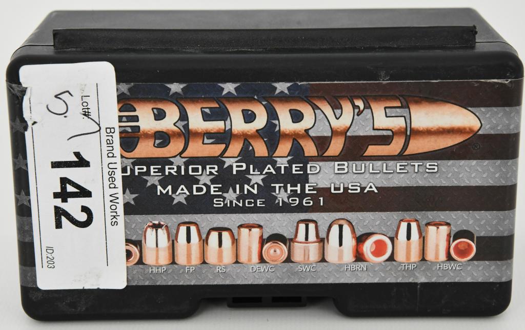9mm 147 Gr Round Nose Bullets Berry's 250 count: lot contains full contains Berry's 250 Bullets (tips) of 9mm 147 grain Round Nose in plastic storage container, Max Velocity 1250 fps #74030 weighs approx 5.7 pounds