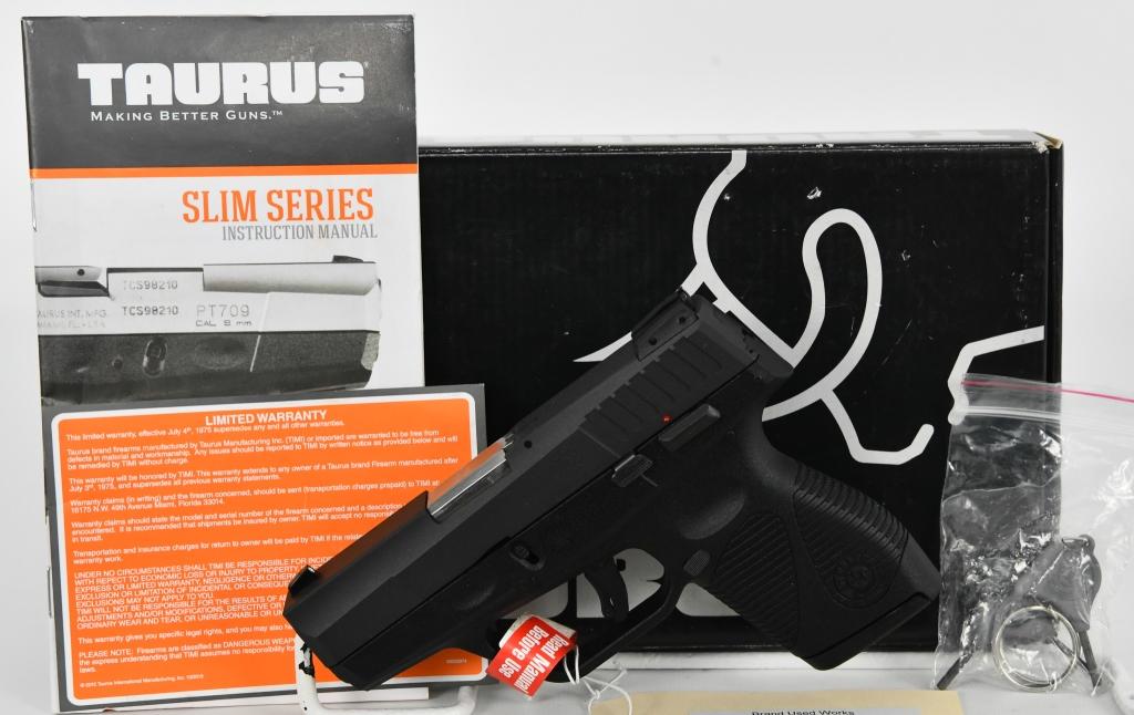 Brand New Taurus 709 Slim Semi Auto Pistol 9MM: Up Next We Have a Brand New Taurus 709 Slim Semi Auto Pistol Chambered in 9MM, It Comes With One Magazine, Tools, Paperwork, in The Factory Box. More From The Internet Below: The Taurus 709 Slim Semi 