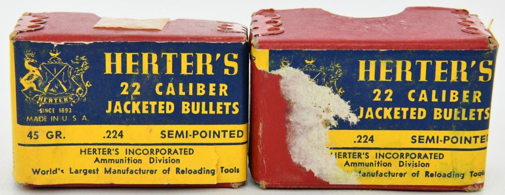 Herter's 22 Cal Jacketed Bullets 45 gr 2 bxs: Lot contain one full box of 100 and the second box 3/4 full of Vintage Herter's 22 caliber Jacketed Bullets Semi pointed 45 grain .224