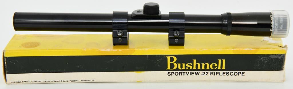 Bushnell Sportview 4X, 15mm Riflescope w/rings: Lot contains a super nice vintage Bushnell 4x, .22 Sportview Riflescope with mount rings comes with original box. this scope measures approx 10.5" in length comes with one side lens cover, glossy blac