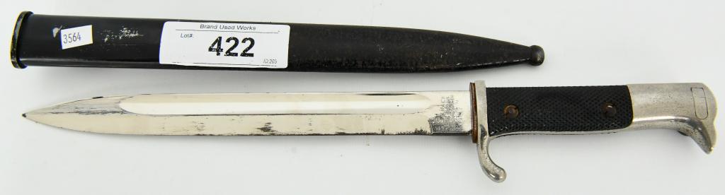 German Third Reich Dress Bayonet by E. Pack: German Third Reich Dress Bayonet by E. Pack & Sohne Solingen, German ‘walking out’ or Parade bayonet. Nickel plated hilt with ‘Birds head’ pommel, working bayonet catch, and nickel crossguard 