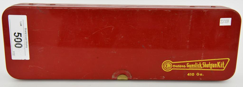 1960s Vintage Outer's Gunslick Shotgun Kit .410: red metal container; this lot contains cleaning rod and brushes and a cool gun oil can that is empty, there is outers shotgun patches inside the box, there is a box with a tube of sportsman lubricant,