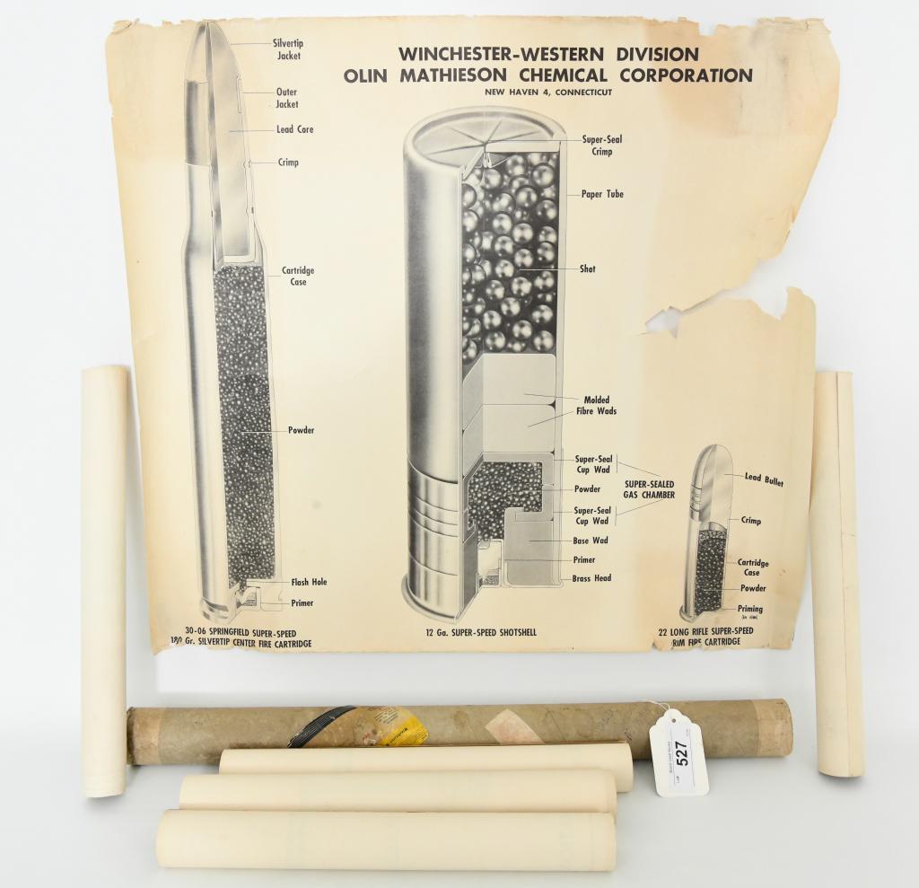 Rare!! Factory Winchester Posters in Mailing Tube: Lot contains poster approx 15.25" x 36" long, a Winchester model 88 poster and Winchester model 12 poster a Model 70 poster and a Model 50 poster Model 77 Poster, and then a larger poster that is a 12