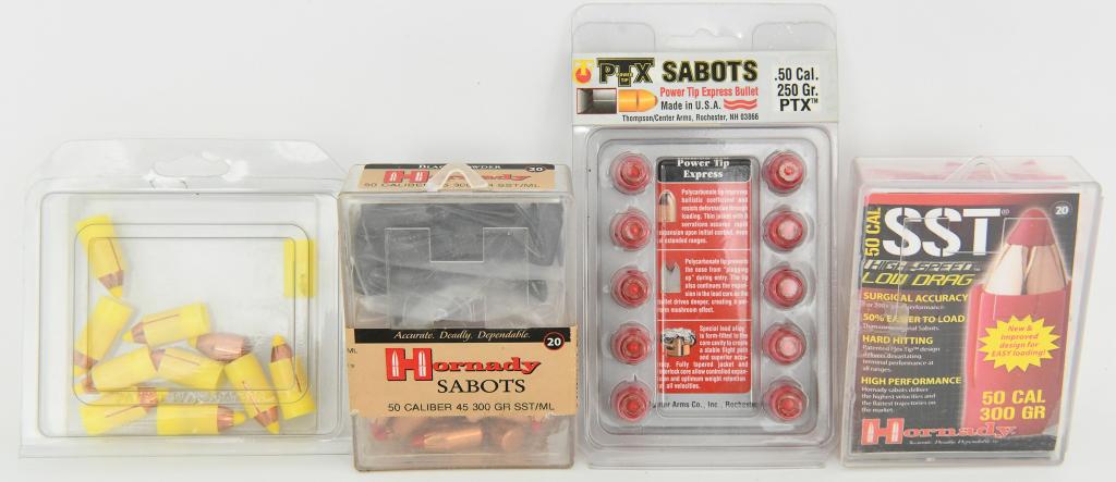 .50 cal SABOTS various Mfg listed below: Hornady Sabots 50 caliber 300 gr SST/ML 45 ct sealed container Hornady 50 cal Sabot w/45 cal 300 gr SST-ML 20 new in pkg unknown pkg with 10 Sabot and cover yellow tip PTX Sabots Power tip express bul