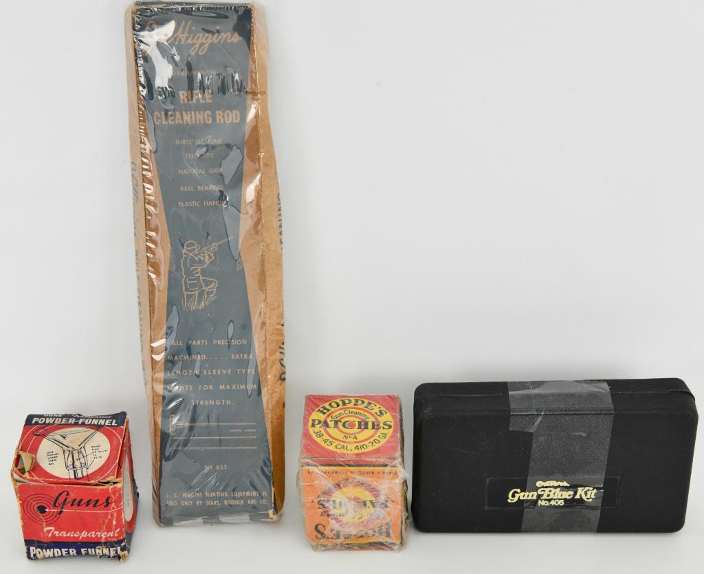 Collectible Vintage Gun Blue Kit and Powder: funnel and Hoppes Patches; Lot contains one plastic storage container that shows Outers Gun Blue kit No. 405 with empty collectible bottles and an Outers Polishing cloth and steel wool, there is a GUN