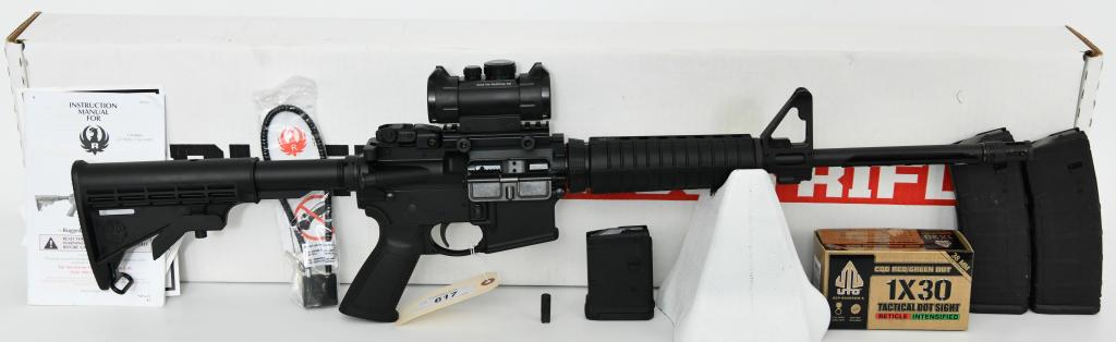 Ruger AR-556 Semi Auto Rifle 5.56 NATO AR-15: Up Next we have a Like New Ruger AR-556 Model 8500 Semi Auto Rifle. This Rifle Comes with 3 Magpul Pmag, Two 30's and One 10. It is Topped With a UTG 1X30 Tactical Dot Sight, CQB Red/Green Dot on a Tr