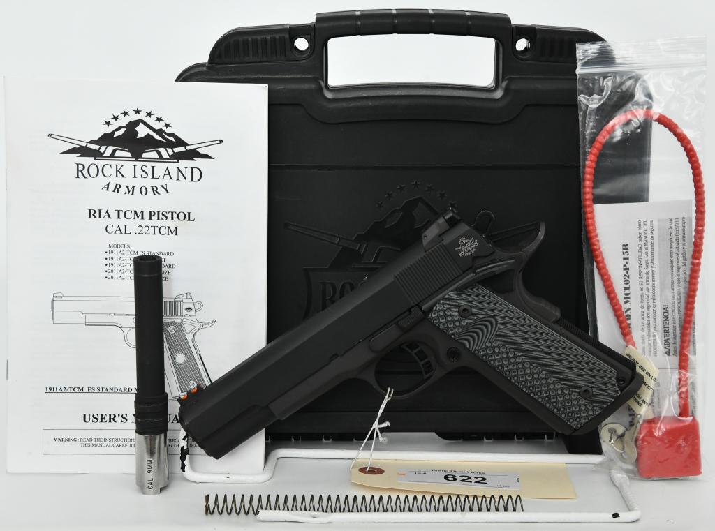 Rock Island Armory Target 1911 Semi Auto .22 TCM: Up Next We Have a Rock Island Armory Target 1911 Semi Auto Pistol Chambered in .22 TCM, and it Comes With the 9MM Conversion Barrel, Comes With One Magazine, Parkerized Steel Frame, Polymer Grips, and