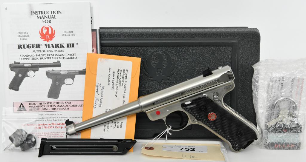 Brand New Ruger Mark III Semi Auto Pistol .22 LR: Up Next We Have a Brand New Ruger Mark III Semi Auto Pistol Chambered in .22 LR, and Comes in The Factory Hardcase With Two Magazines, Lock, and Paperwork. Model KMKIII6, More From The Internet Below: