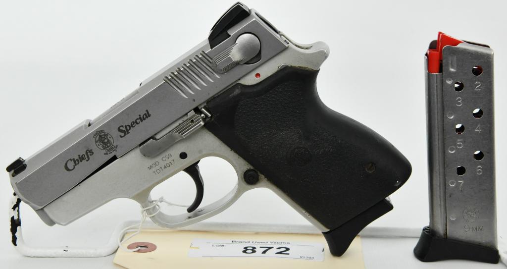 Smith & Wesson Model CS9 Chiefs Special: Up Next We Have a Smith & Wesson Model CS9 Chiefs Special Semi Auto Pistol Chambered in 9MM, It Comes With Two Magazines, and in Good Pre-owned Condition.