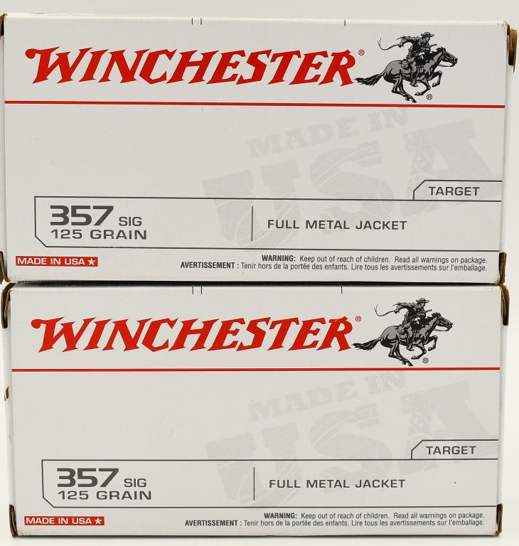 100 Rounds Of Winchester USA .357 SIG Ammo: 100 Rounds Of Winchester USA .357 SIG Ammo, 125 Grain FMJ Winchester USA brand ammunition provides great performance Muzzle Velocity: 1350 fps Muzzle Energy: 506 ft/lbs 50 Yard Velocity: 1185 fps 50 Y