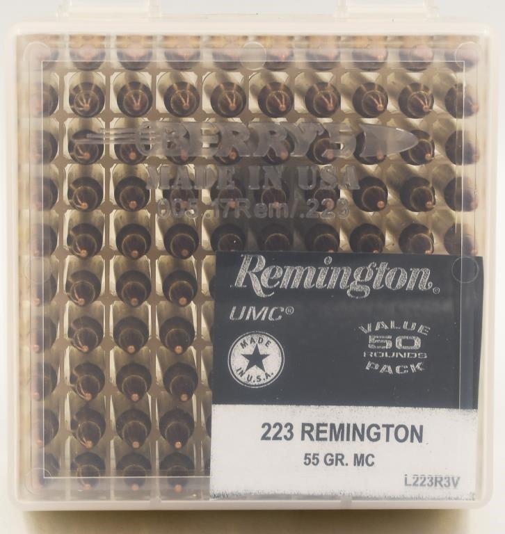 100 Rounds Of Remington .223 Rem Ammunition: 100 Rounds Of Remington .223 Rem Ammunition, 55 Grain MC , Brass Cased, Full Metal Jacket, Also Comes With Plastic Ammunition Storage Container